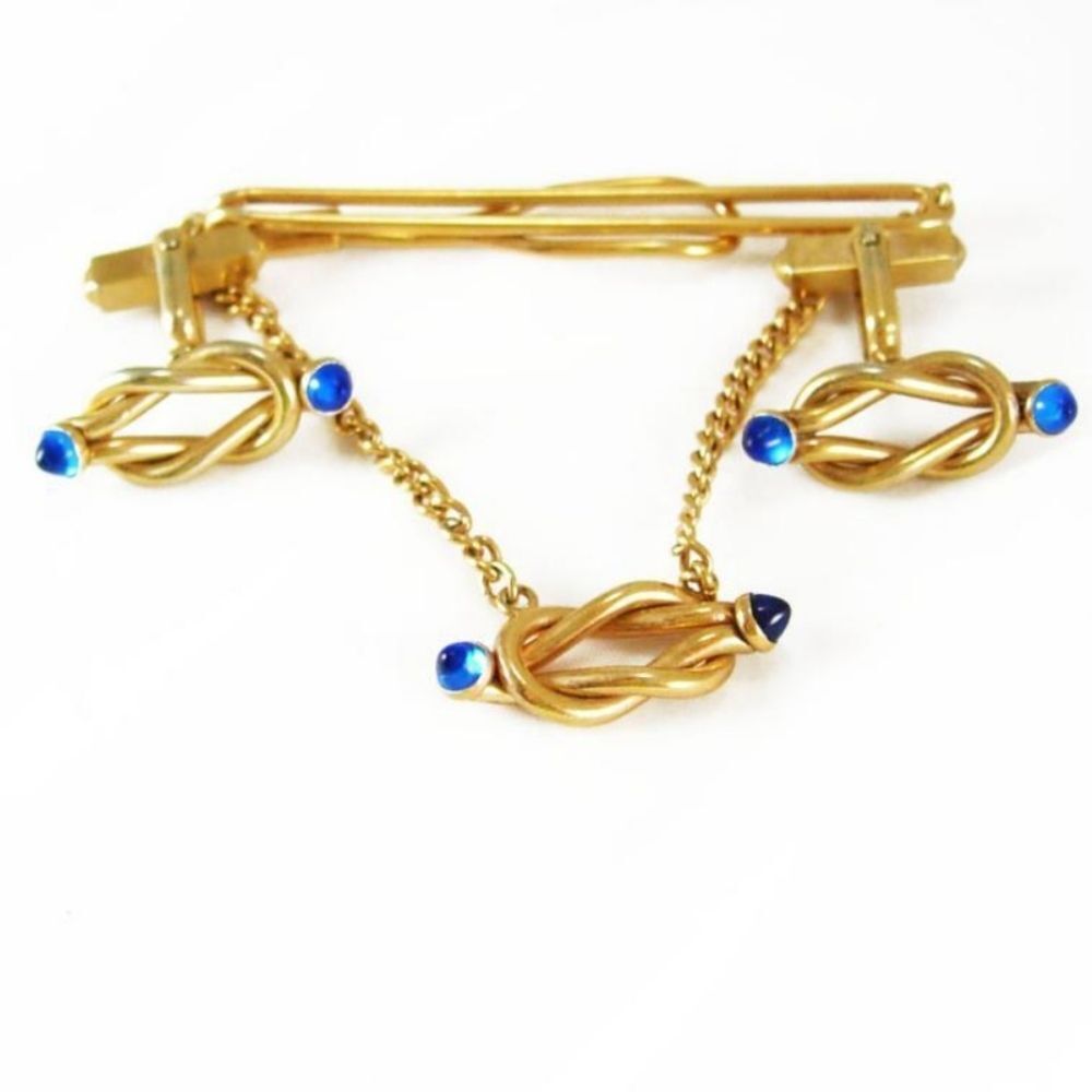 Vintage Swank 30s Blue Glass Tipped Gold Filled Cufflinks Tie Clip Set